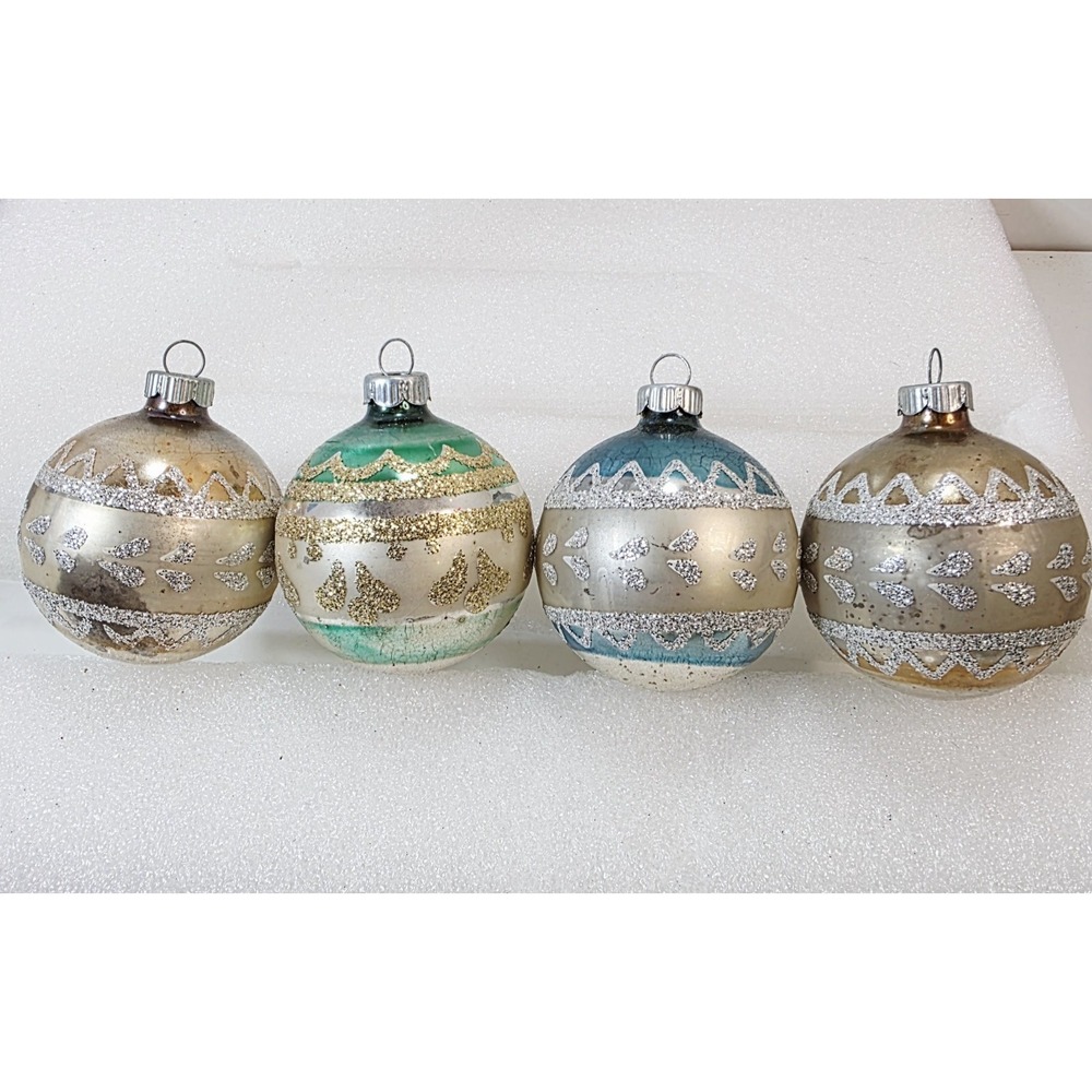 Vtg Lot of 4 Shiny Brite Christmas Ornaments Stencil Silver Glitter USA 2.25"